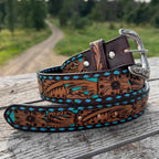 Genuine Leather Western Belt – Tooled Black & Tan with Blue Buckstitch