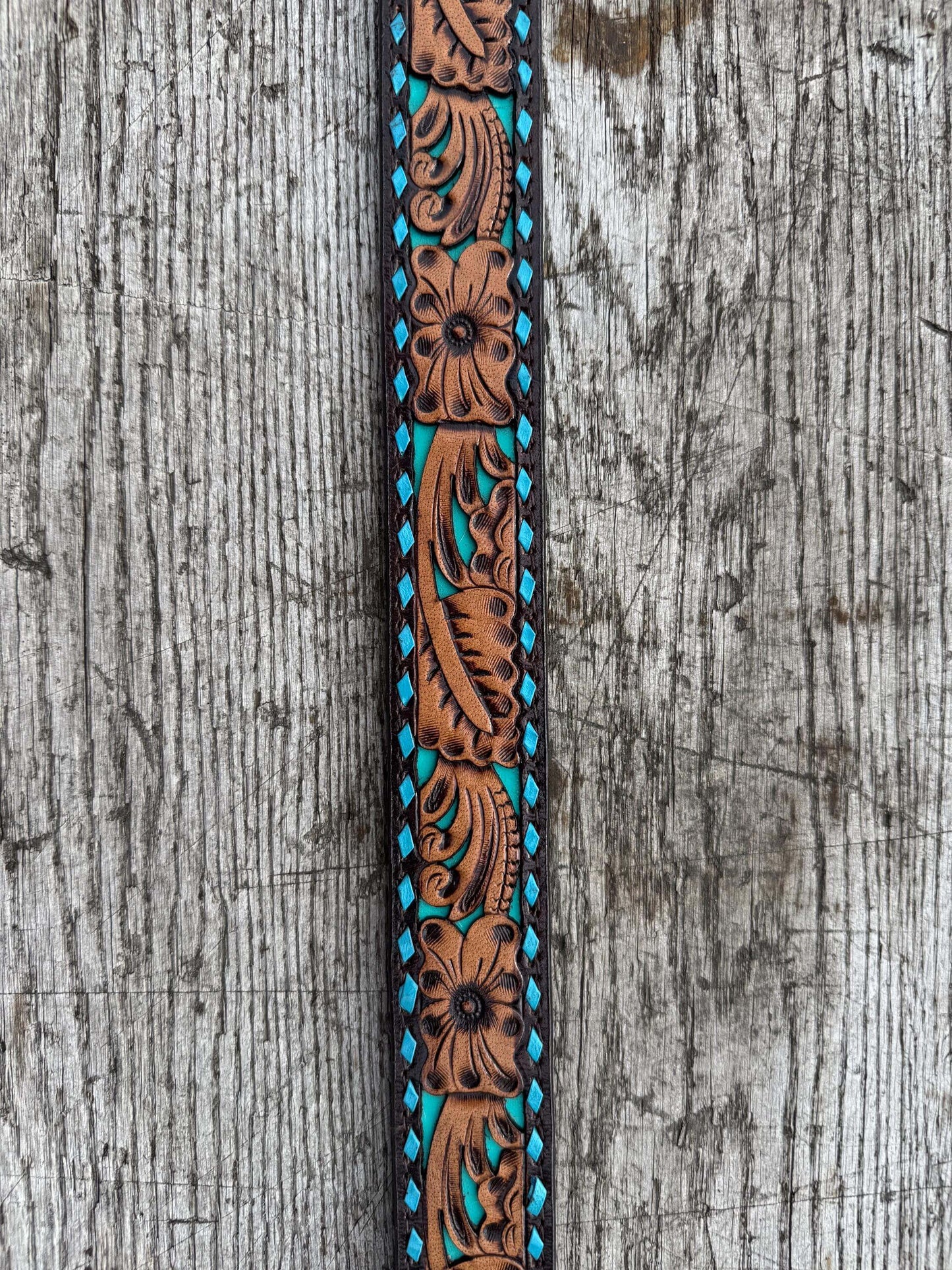 Genuine Leather Western Belt – Tooled Black & Tan with Blue Buckstitch