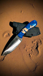 RockinEDC 8" Handmade High Carbon Steel Knife, Blue Chollo Resin Handle, Kydex Sheath