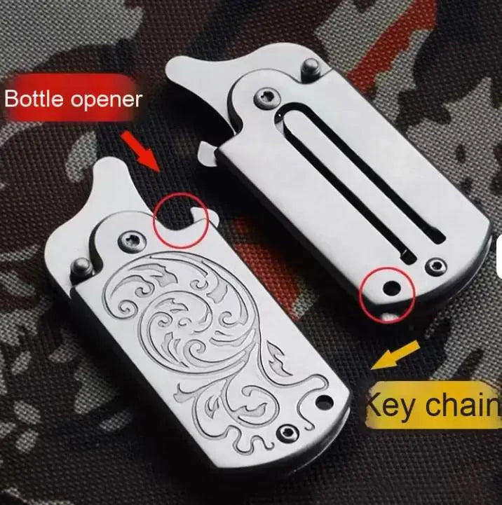 Mini D2 Folding Knife Keychain Stainless Steel Bottle Opener EDC