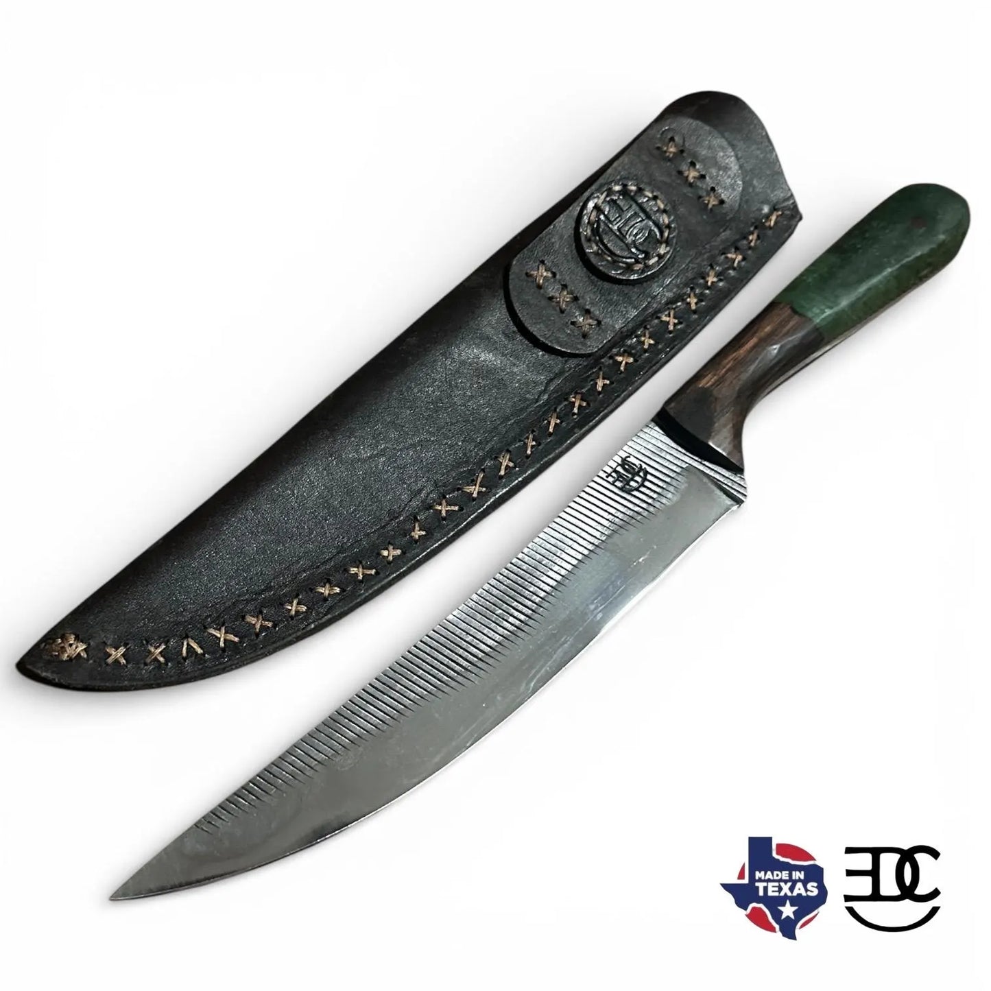 Hand Forged Farrier Rasp Chef Knife Rosewood & Green Resin Handle Handmade Leather Sheath RockinEDC  Made in Texas