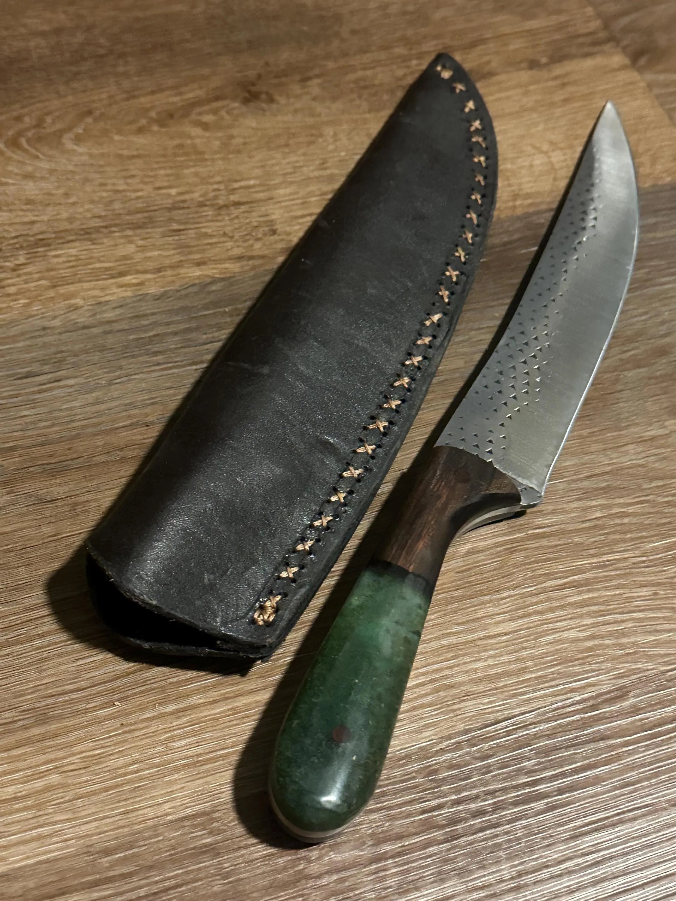 Hand Forged Farrier Rasp Chef Knife Rosewood & Green Resin Handle Handmade Leather Sheath RockinEDC  Made in Texas
