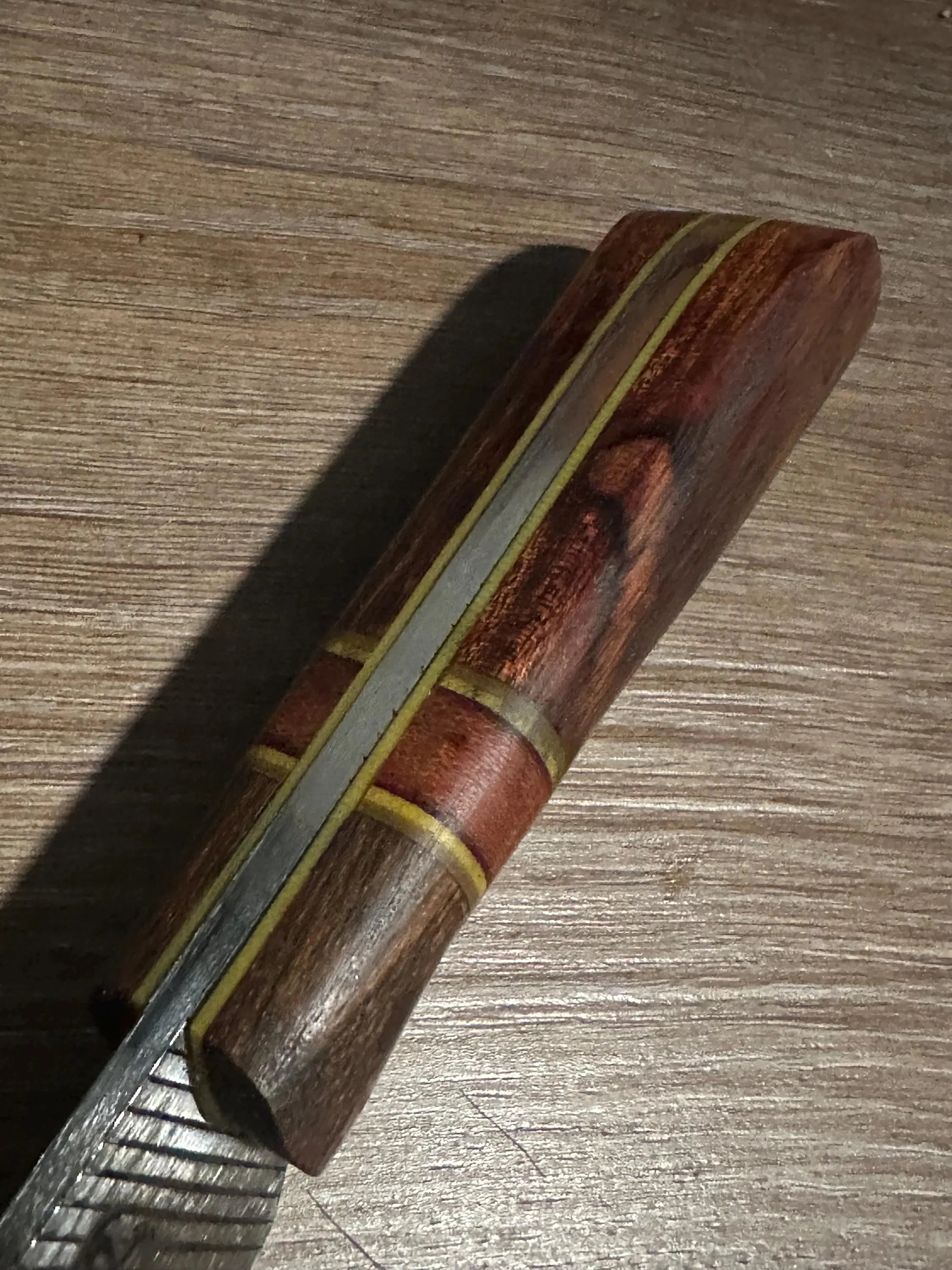 Handmade Farrier Rasp Knife – Cocobolo & Rosewood Handle with Yellow G10 Spacers – Custom Fixed Blade with Kydex Sheath – Made in Texas