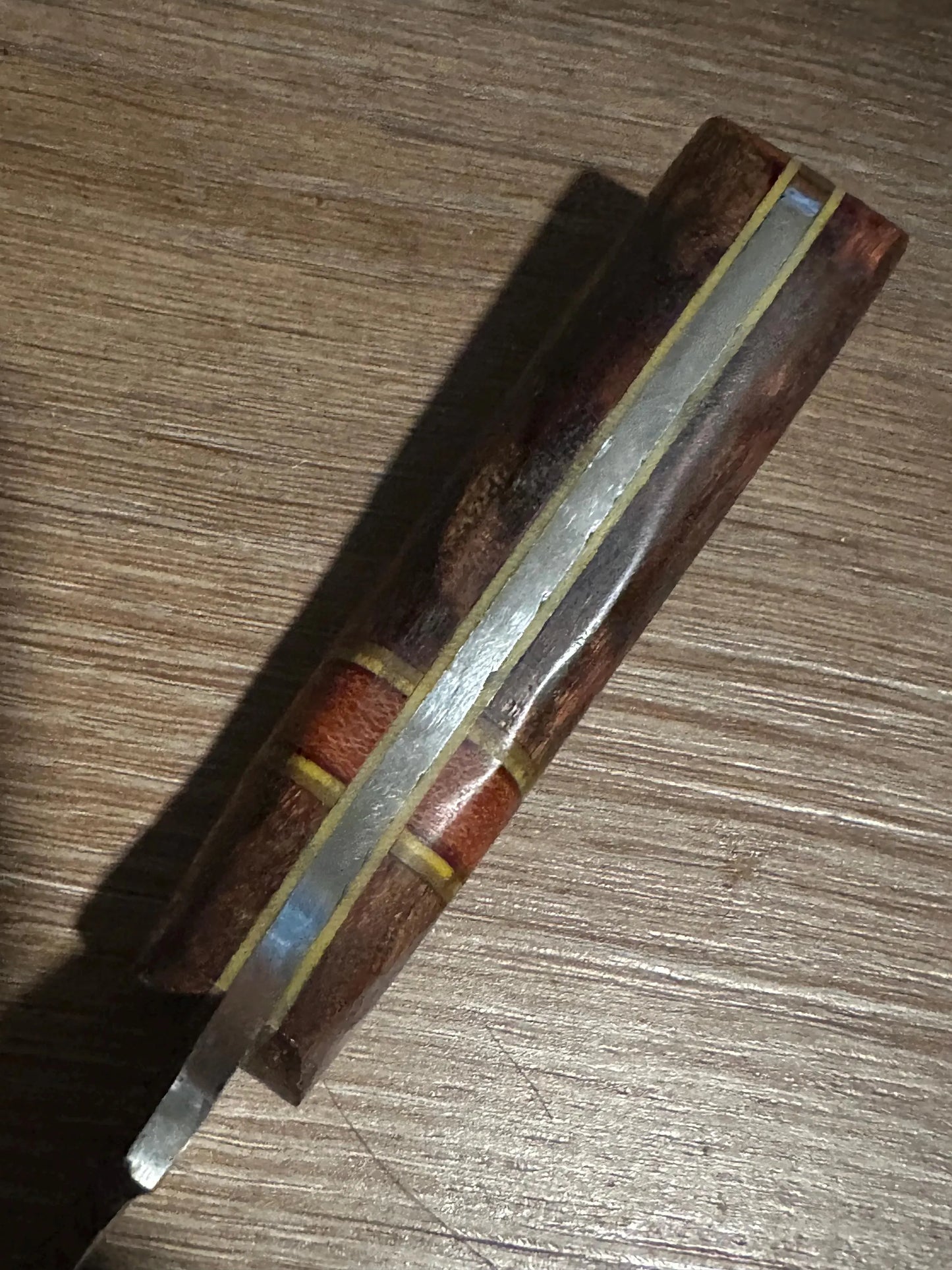 Handmade Farrier Rasp Knife – Cocobolo & Rosewood Handle with Yellow G10 Spacers – Custom Fixed Blade with Kydex Sheath – Made in Texas