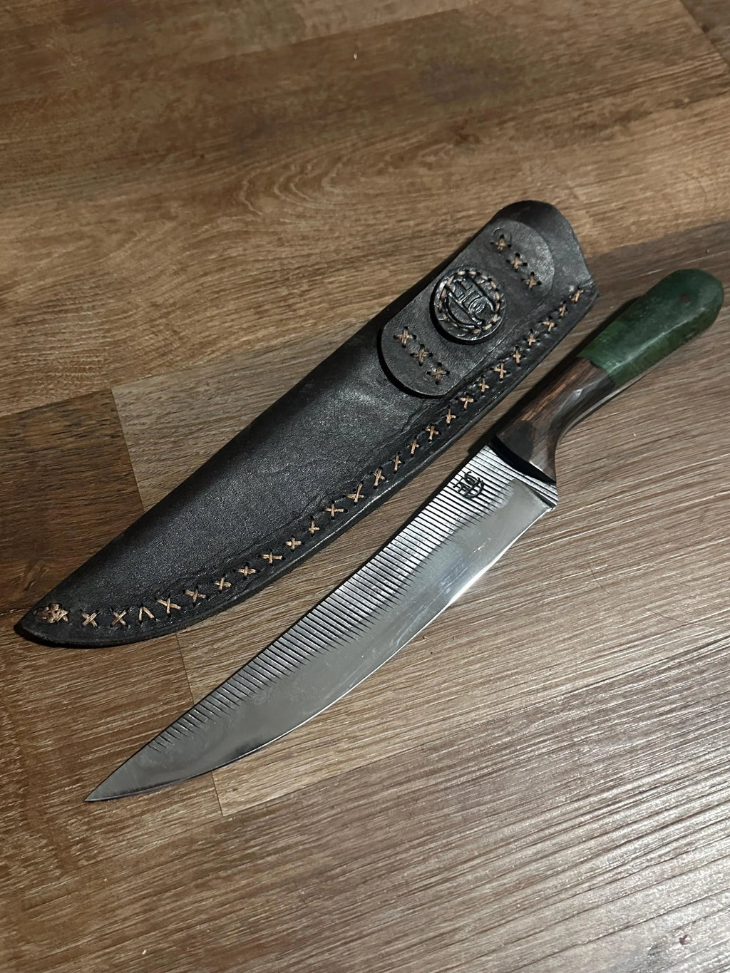 Hand Forged Farrier Rasp Chef Knife Rosewood & Green Resin Handle Handmade Leather Sheath RockinEDC  Made in Texas