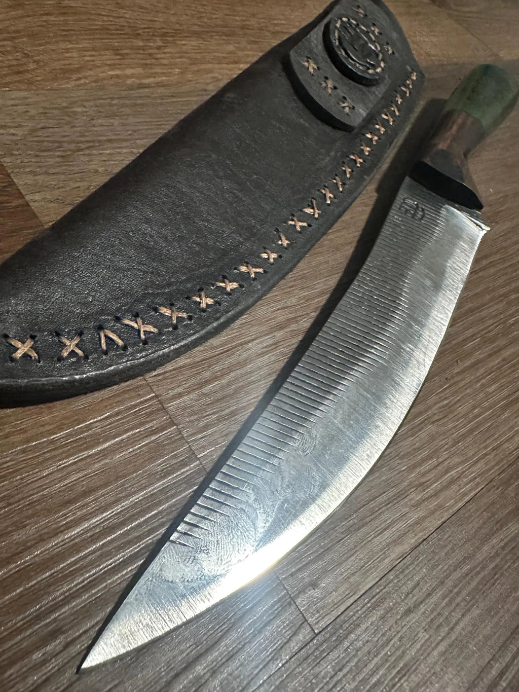 Hand Forged Farrier Rasp Chef Knife Rosewood & Green Resin Handle Handmade Leather Sheath RockinEDC  Made in Texas