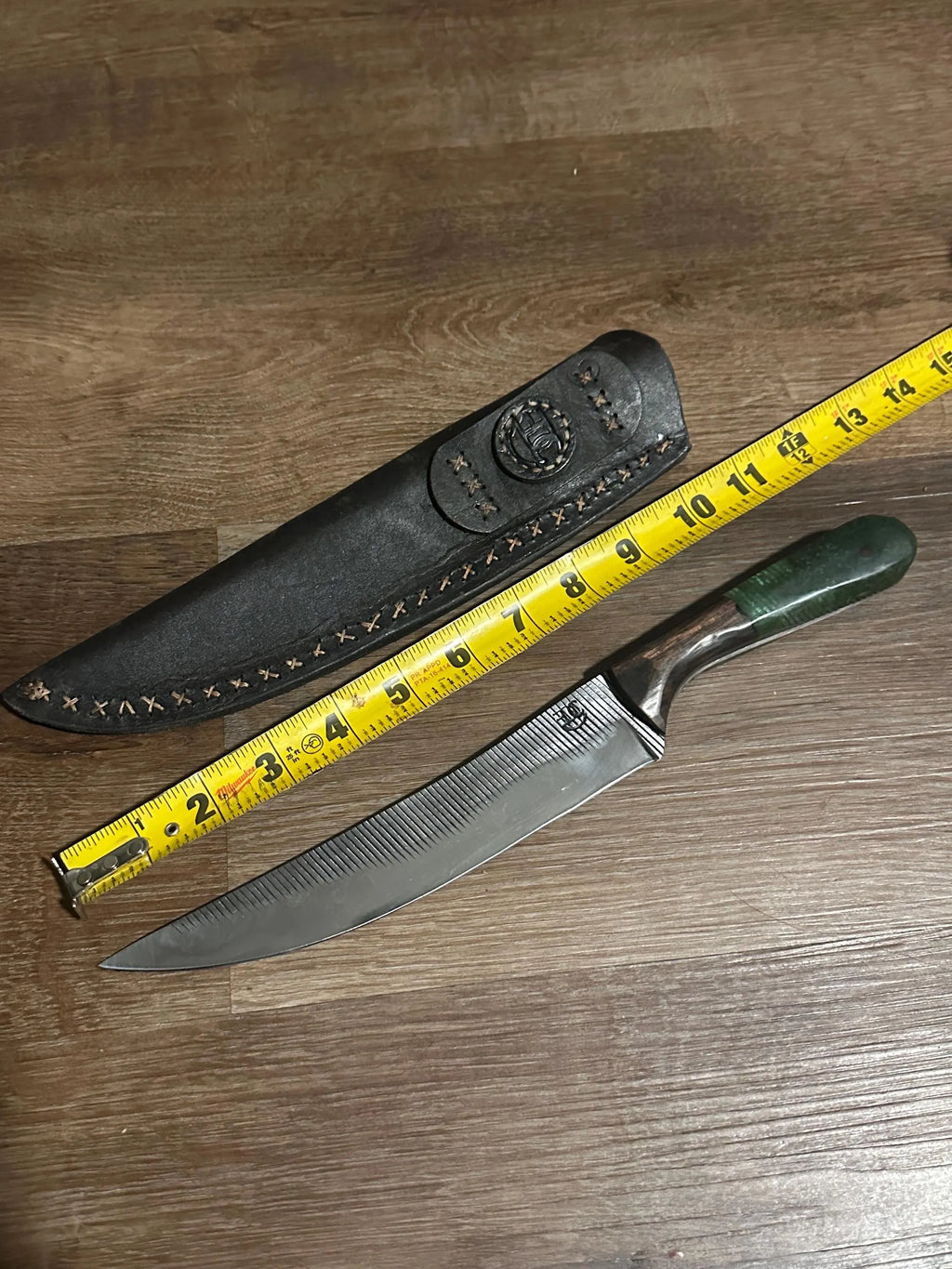 Hand Forged Farrier Rasp Chef Knife Rosewood & Green Resin Handle Handmade Leather Sheath RockinEDC  Made in Texas