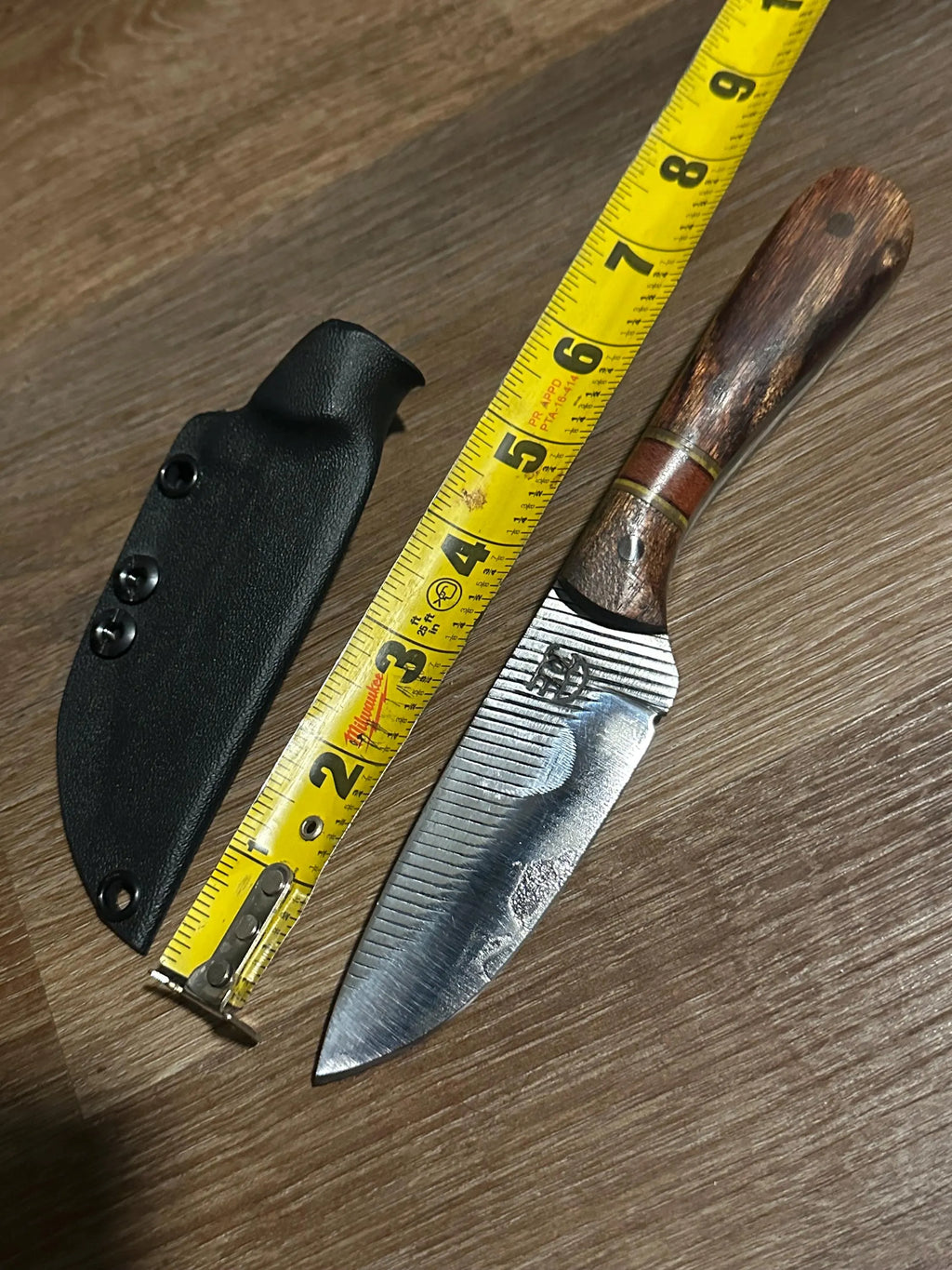 Handmade Farrier Rasp Knife – Cocobolo & Rosewood Handle with Yellow G10 Spacers – Custom Fixed Blade with Kydex Sheath – Made in Texas