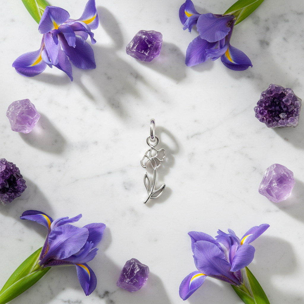 February Amethyst Birthstone Charm - Flower (Iris)