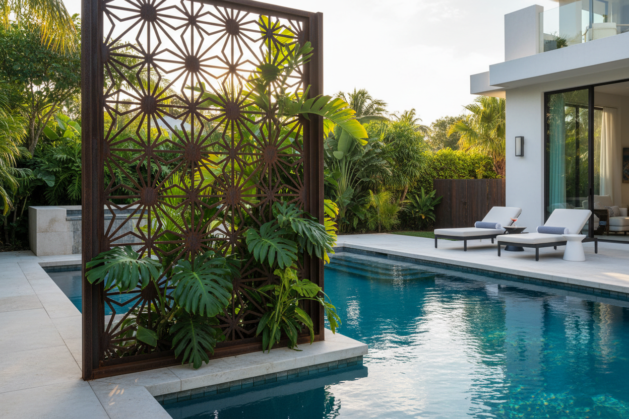 Metal trellis privacy screen as poolside divider with tropical plants and blue water