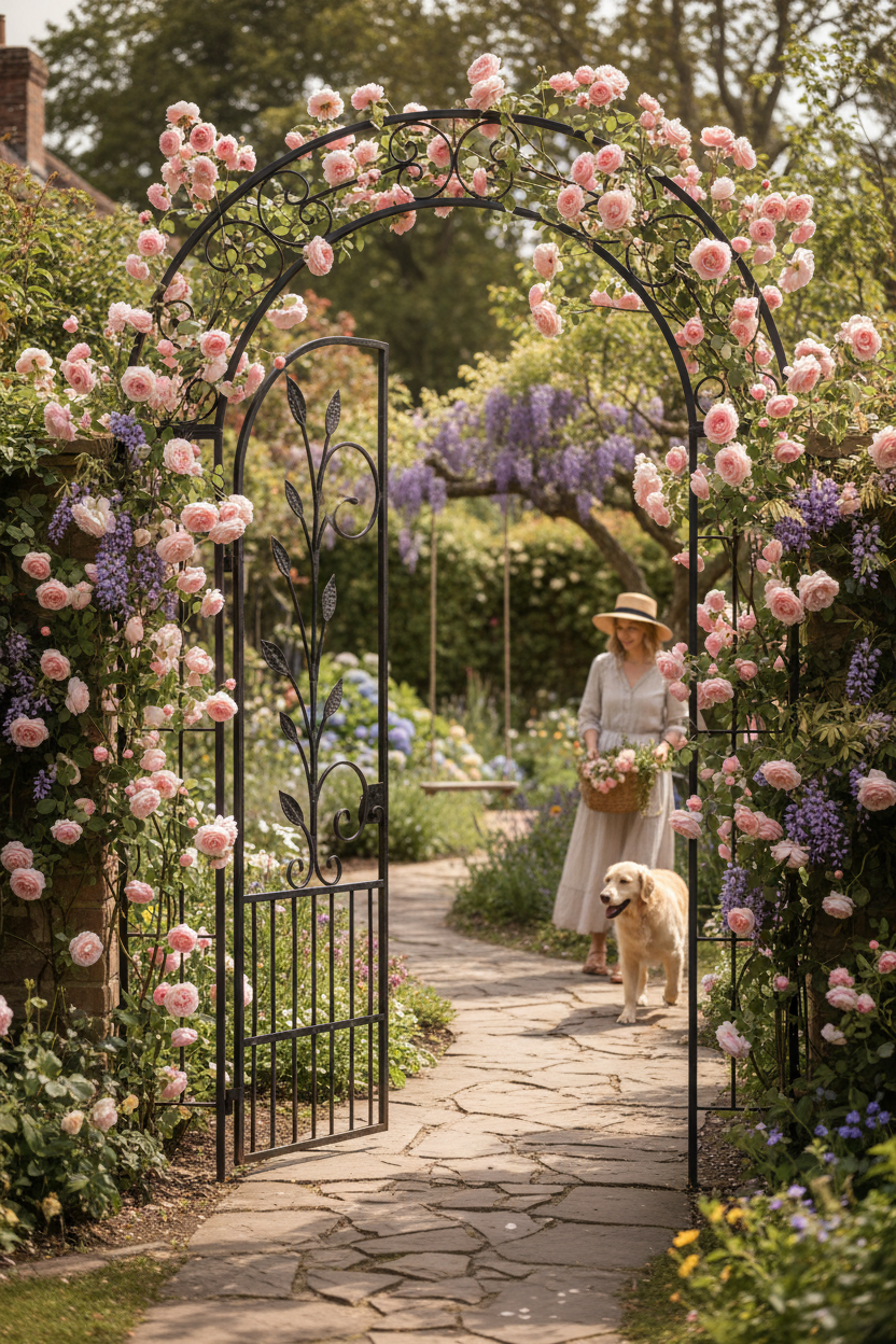 Decorative metal trellis used as garden gate entrance with climbing roses and stone pathway