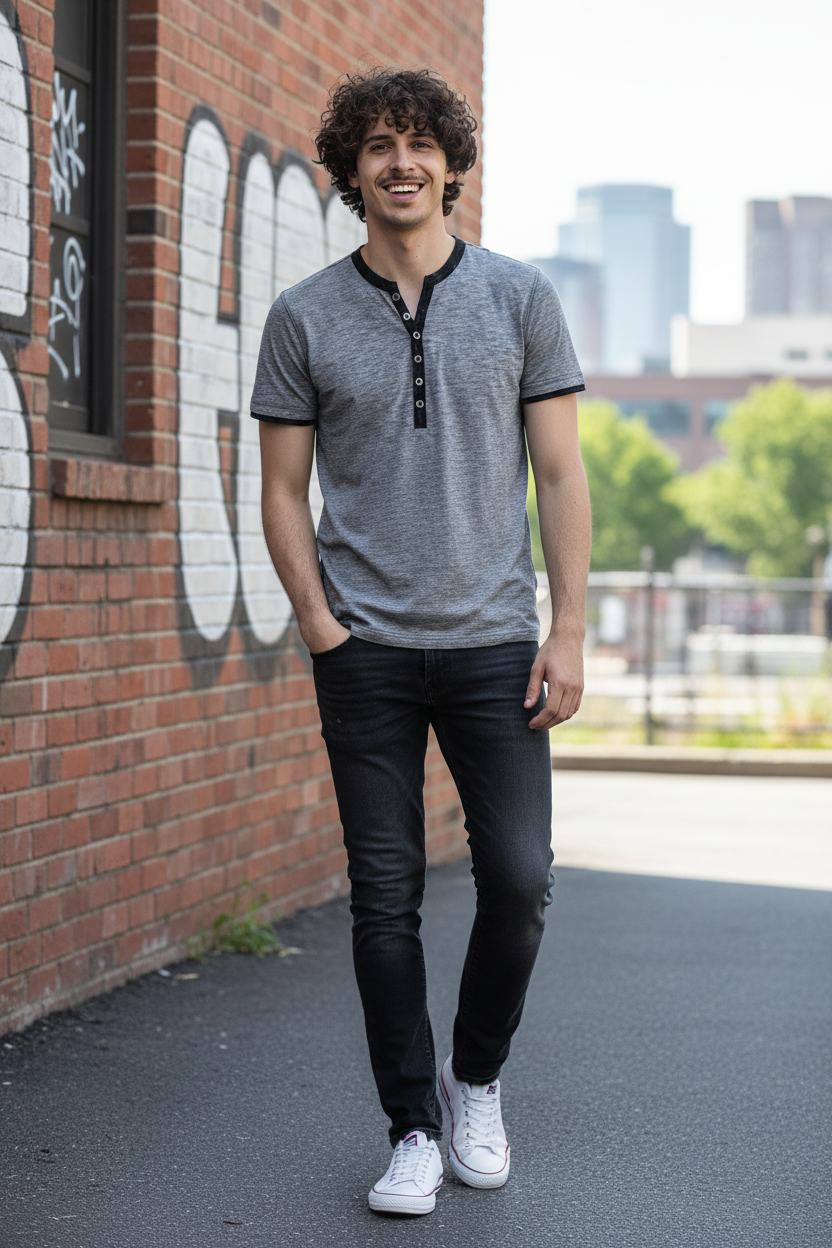 Men's short sleeve Y-neck Henley t-shirt worn with jeans in urban outdoor setting