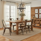 Set of 4 bronze metal dining chairs with wooden seats in a modern farmhouse dining room