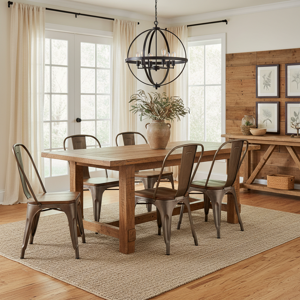 Set of 4 bronze metal dining chairs with wooden seats in a modern farmhouse dining room